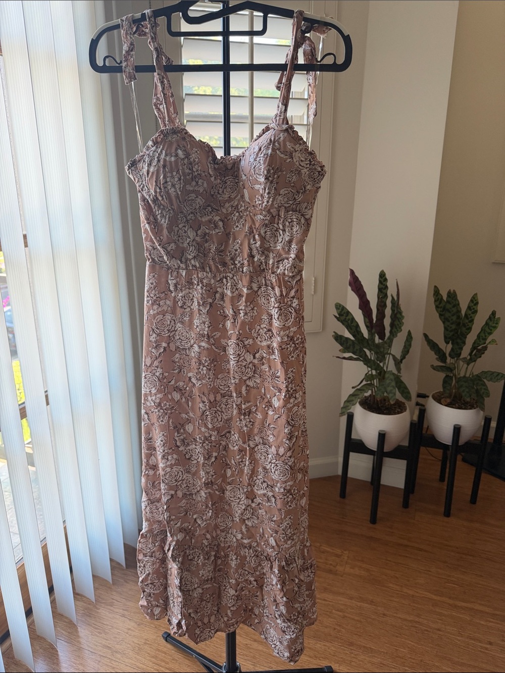 AUW Pink Floral Midi Dress with Tie Straps